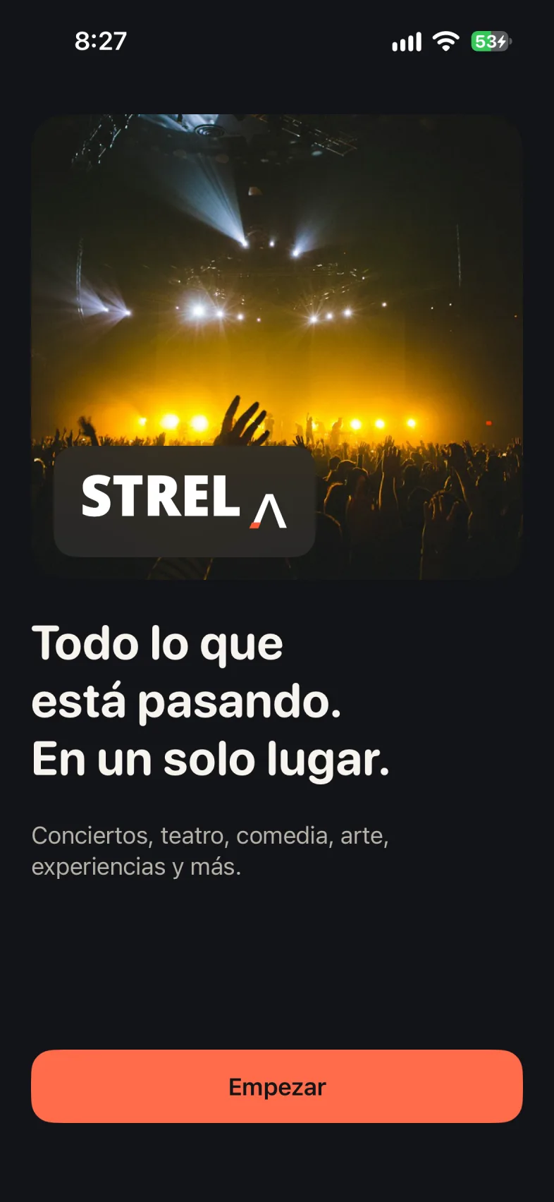 The real Strela iPhone welcome screen, featuring a live event photograph and the app’s opening message